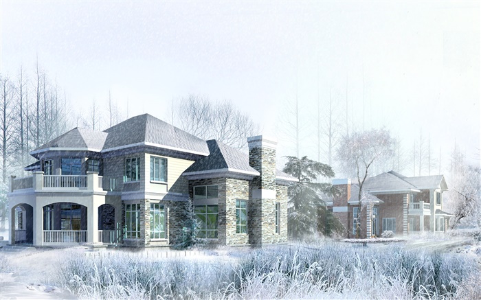 3D design, house, winter, snow Wallpapers Pictures Photos Images