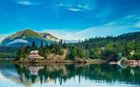 Alaska scenery, mountain, lake, trees, village, water reflection HD wallpaper
