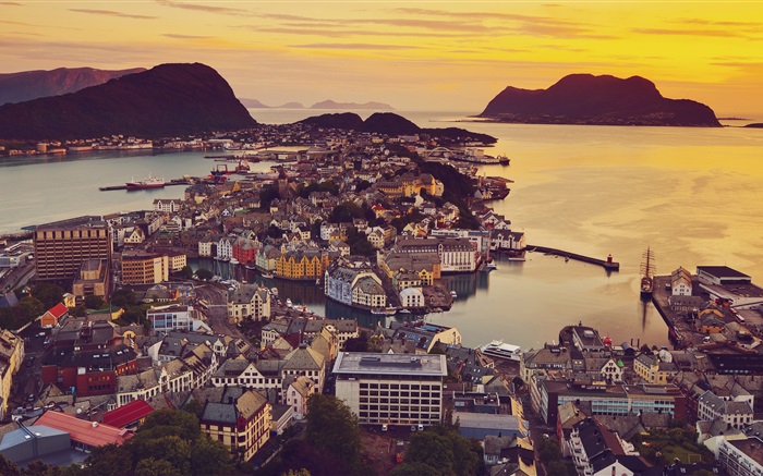 Alesund, Norway, city, houses, sunset, coast Wallpapers Pictures Photos Images