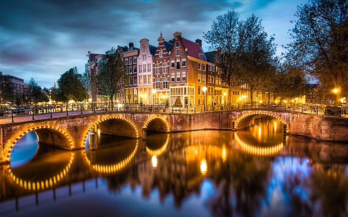 Amsterdam, Nederland, night, lights, river, bridge, houses Wallpapers Pictures Photos Images