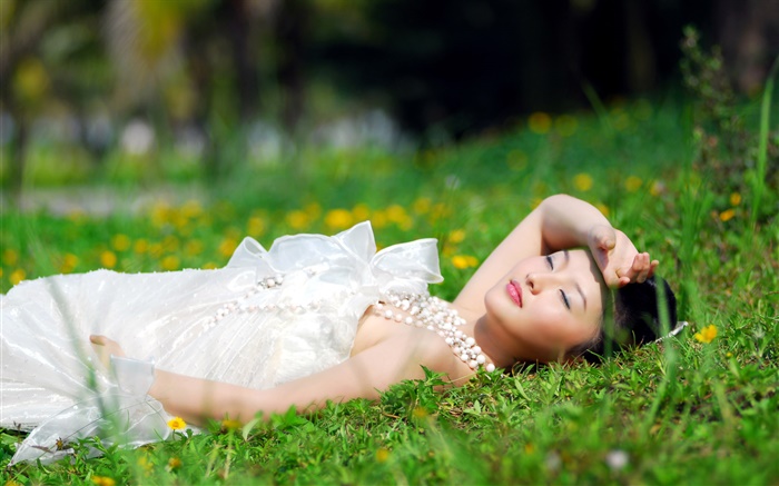 Asian white dress girl lying grass Wallpapers Pictures Photos Images