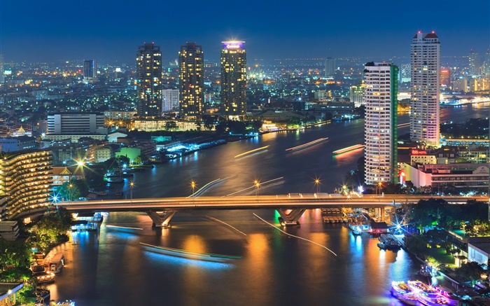 Bangkok, Thailand, buildings, river, bridge, night, lights Wallpapers Pictures Photos Images