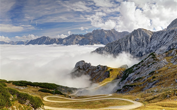 Bavaria, German, Alps, mountains, road, trees, fog Wallpapers Pictures Photos Images