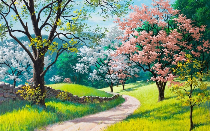 Beautiful painting, spring, road, trees, grass, flowers Wallpapers Pictures Photos Images