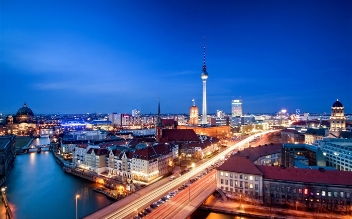 Berlin, Germany, Alexanderplatz, evening, buildings, lights Wallpapers Pictures Photos Images