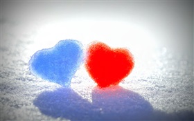 Blue and red love hearts in the snow HD wallpaper