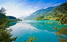 Blue lake water, mountain, green HD wallpaper