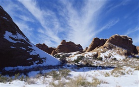 Blue sky, snow, winter, grass, mountain HD wallpaper