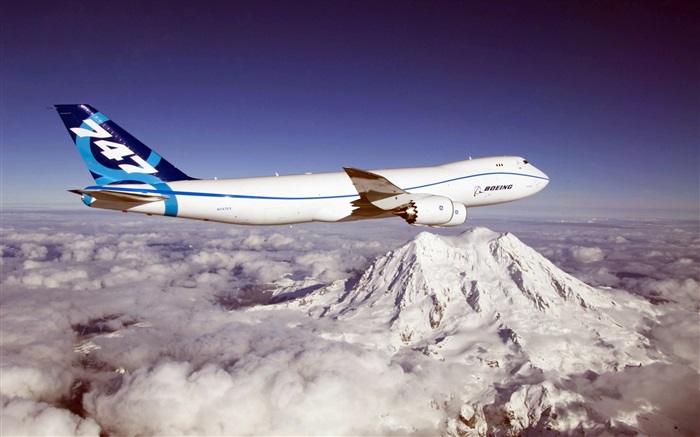 Boeing 747 aircraft, mountain, clouds Wallpapers Pictures Photos Images