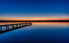 Calm lake, bridge, dusk, reflection in the water HD wallpaper