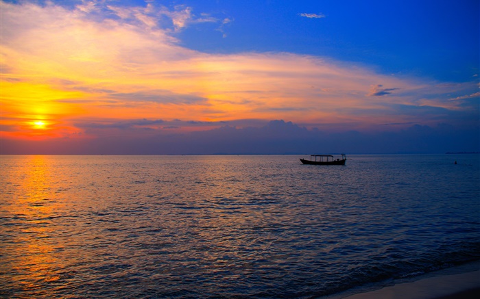 Cambodia, Asia, beach, sea, boat, sunset Wallpapers Pictures Photos Images