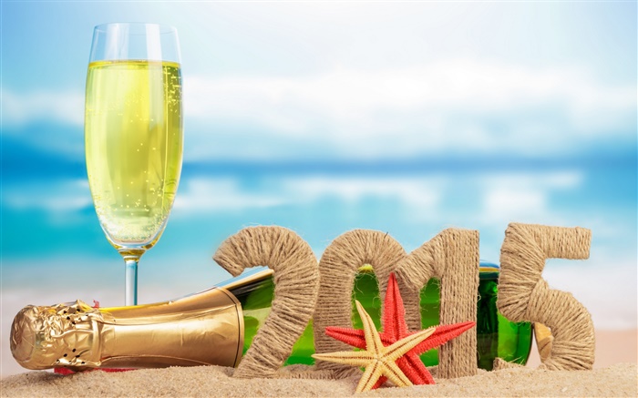 Champagne, starfish, sand, Year 2015 Wallpapers Pictures Photos Images