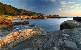 Coast, rocks, sea, dusk HD wallpaper