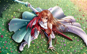 Dance anime girl, sword, garden HD wallpaper
