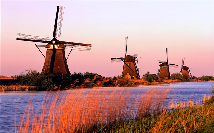 Dutch scenery, windmills, rivers, evening Wallpapers Pictures Photos Images