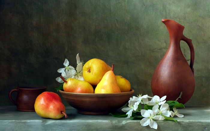 Flowers, pears, bottle Wallpapers Pictures Photos Images