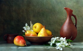 Flowers, pears, bottle HD wallpaper
