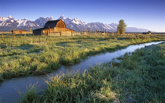 Grand Teton National Park, Wyoming, USA, river, house, grass Wallpapers Pictures Photos Images