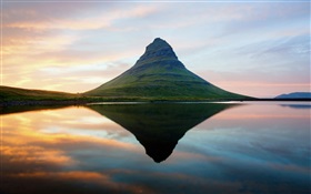 Iceland, extinct volcano, sunset, sea HD wallpaper