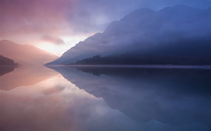 Lake, mountain, fog, water reflection Wallpapers Pictures Photos Images