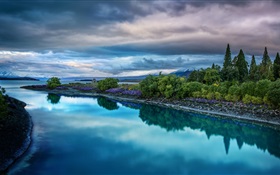 Morning, trees, river, clouds, beautiful scenery