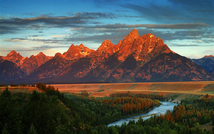 Mountains, forest, river, autumn, America, Wyoming Wallpapers Pictures Photos Images