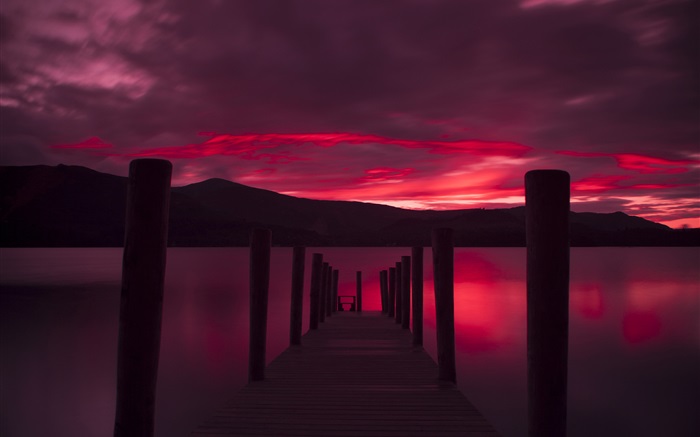 Pier, sunset, lake, red sky Wallpapers Pictures Photos Images