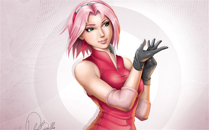 Pink hair anime girl, red dress Wallpapers Pictures Photos Images