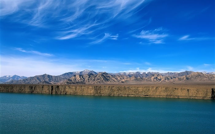 River, mountains, blue sky, cliff, China landscape Wallpapers Pictures Photos Images