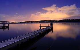 River, pier, night, boat, lights HD wallpaper