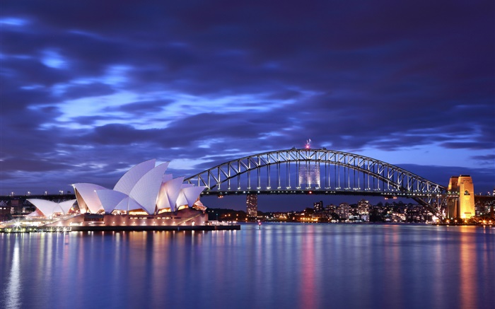 Sydney Opera House, Australia, night, bridge, lights, sea, blue Wallpapers Pictures Photos Images