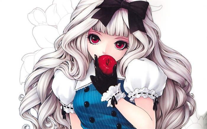 White hair anime girl eating apple Wallpapers Pictures Photos Images