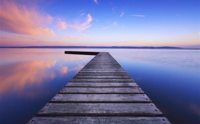 Wooden bridge, lake, dawn, blue sky Wallpapers Pictures Photos Images