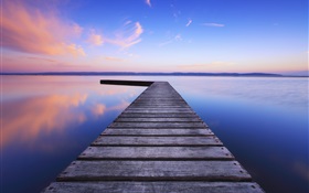 Wooden bridge, lake, dawn, blue sky HD wallpaper
