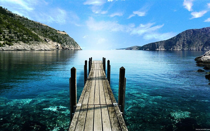 Wooden bridge, river, mountain, blue Wallpapers Pictures Photos Images
