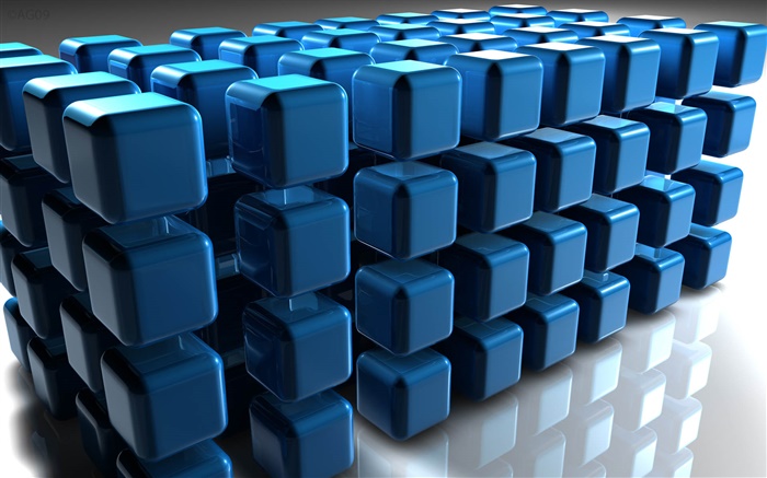 3D blue cube, floor reflection Wallpapers Pictures Photos Images