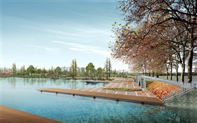 3D design, city parks, trees, lake HD wallpaper