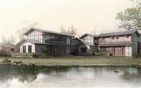3D design, rain, ponds, house HD wallpaper