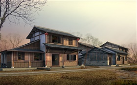 3D design, retro, wooden house