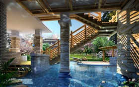 3D design, show details villa, pool HD wallpaper