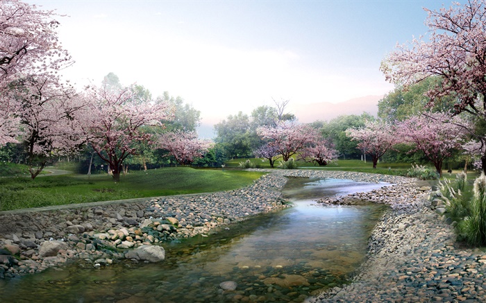 3D design, spring park, flowers in full bloom, creek Wallpapers Pictures Photos Images