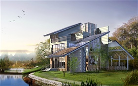 3D design, the villas location, river, boat HD wallpaper
