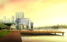 3D design, urban high-rise buildings, river, pier HD wallpaper