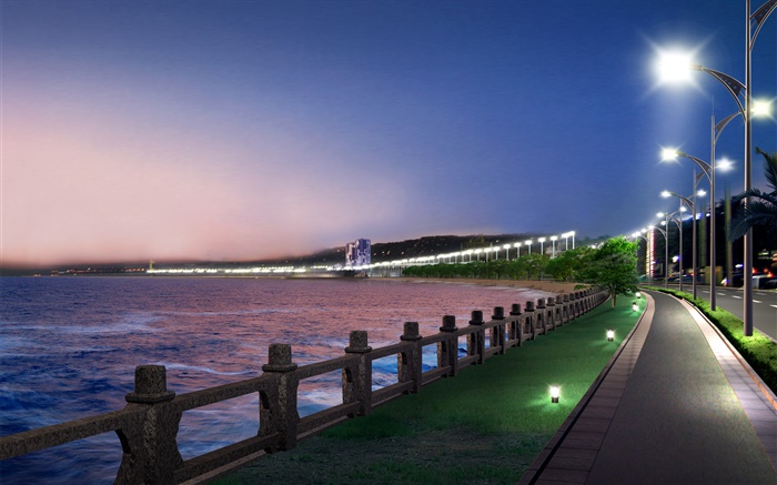 3D design, walking trails along the river, lights, night Wallpapers Pictures Photos Images