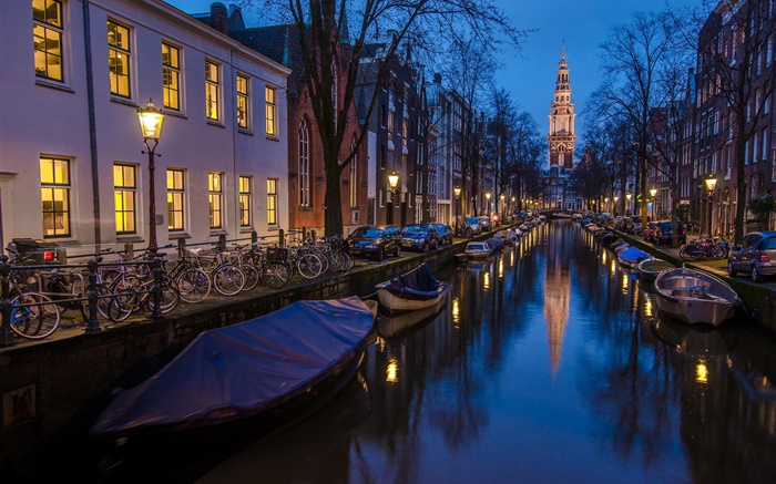 Amsterdam, Holland, night, houses, river, boats, lights Wallpapers Pictures Photos Images