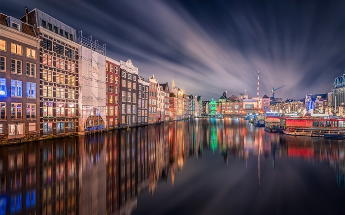 Amsterdam, night, lights, house, river, reflection Wallpapers Pictures Photos Images