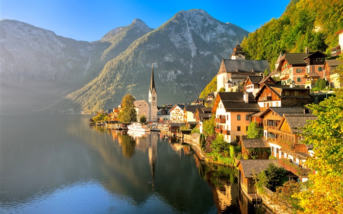 Austria, Hallstatt, Salzkammergut, house, lake, mountains, sun rays Wallpapers Pictures Photos Images