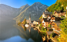Austria, Hallstatt, Salzkammergut, house, lake, mountains, sun rays HD wallpaper