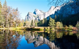 Autumn, trees, lake, water reflection, mountain, sun HD wallpaper