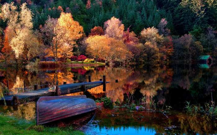 Autumn, trees, pier, boat, lake, water reflection Wallpapers Pictures Photos Images